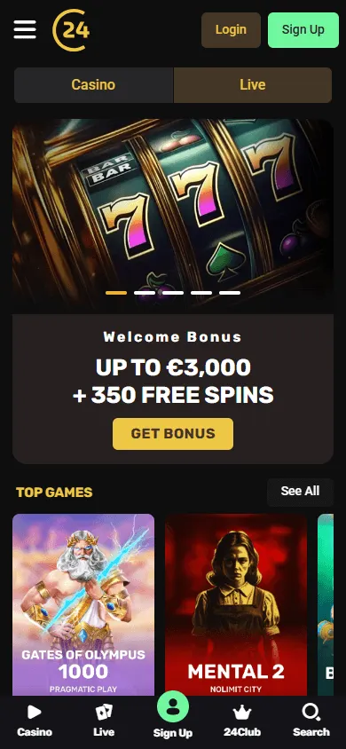 24Casino home screen on a mobile device
