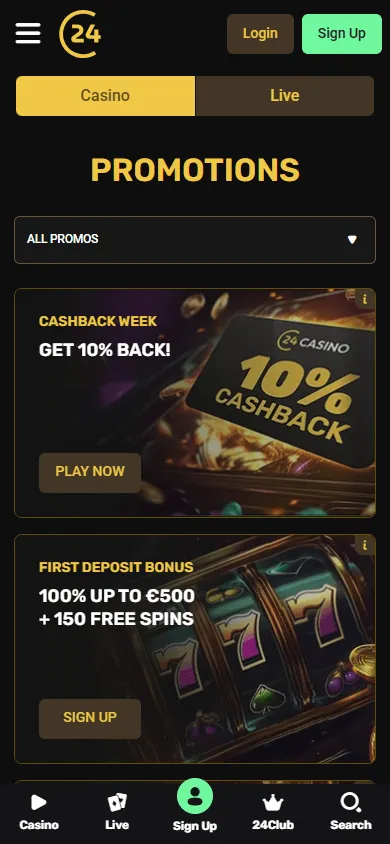 24Casino promotions area on a mobile device