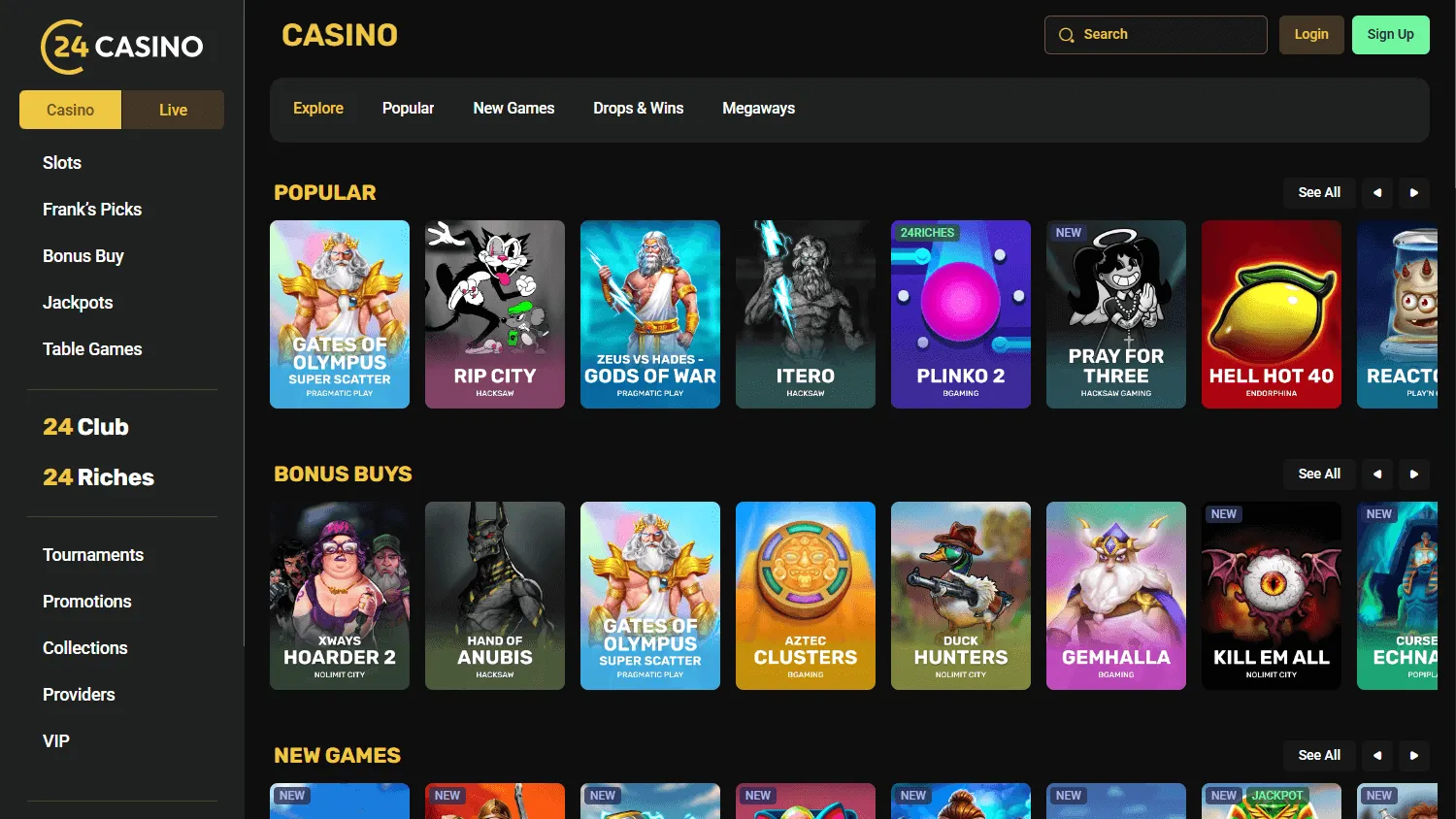 24Casino games area on desktop