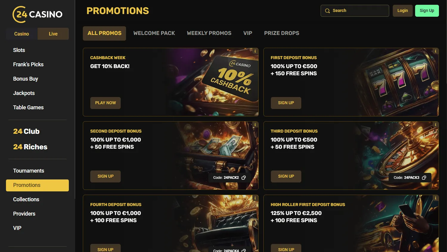 24Casino promotions area on desktop